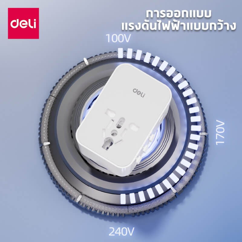 หัวแปลงปลั๊กไฟ DELI ET767-WH-01 สีดำ 2A3C-45W